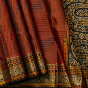 Rust And Black Kanchipuram Silk Saree No Zari For Festive Wear PV RSP 159