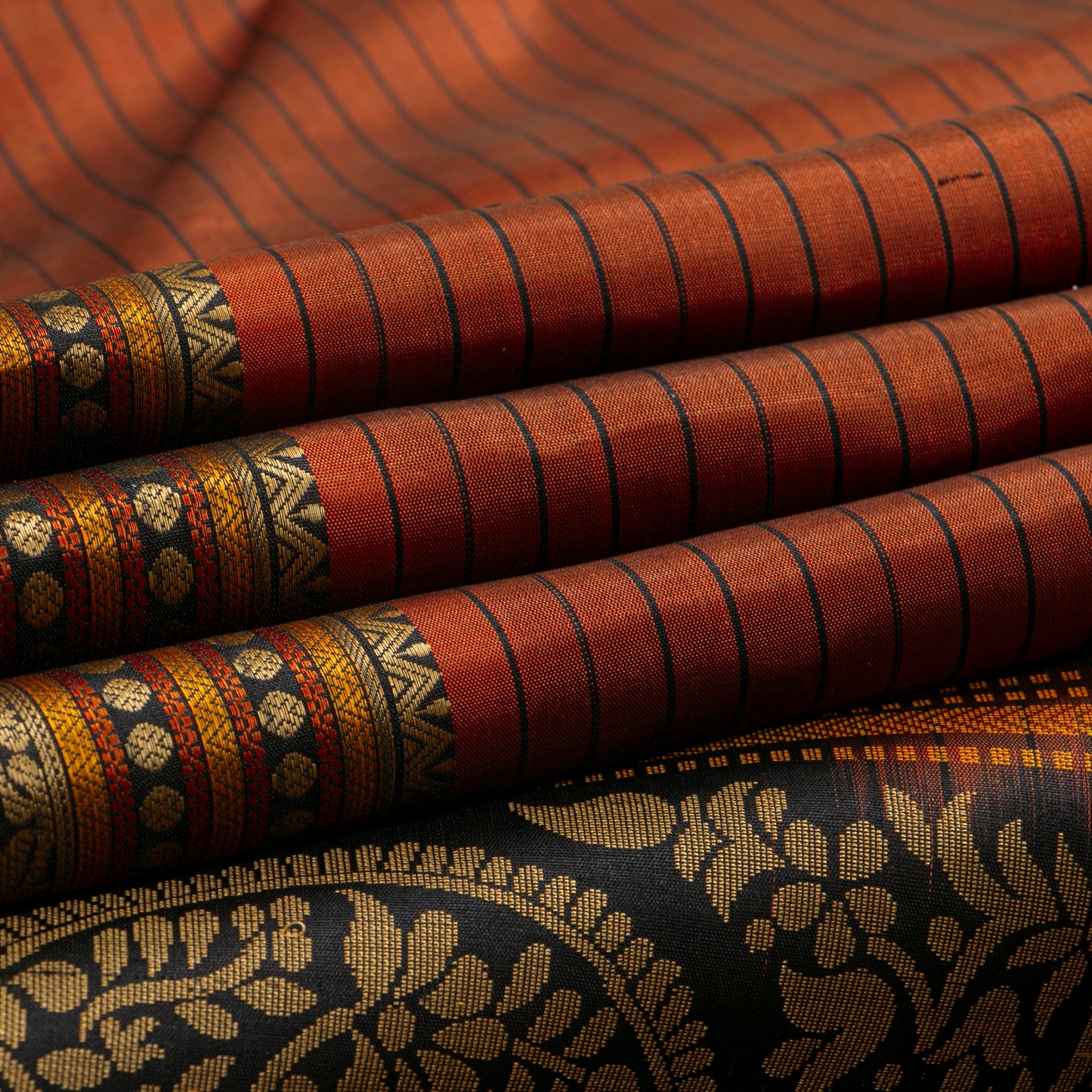 Rust And Black Kanchipuram Silk Saree No Zari For Festive Wear PV RSP 159