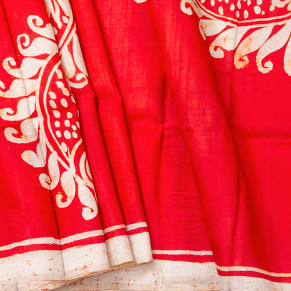 Red Batik Silk Saree With White Floral Designs For Office Wear PB 345