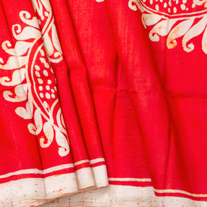 Red Batik Silk Saree With White Floral Designs For Office Wear PB 345