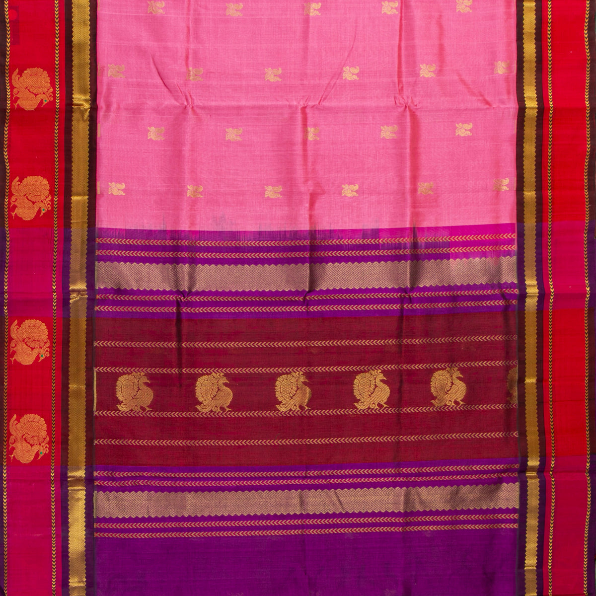 Lotus Pink And Red Kanchi Silk Cotton Saree For Festive Wear VP SC 188