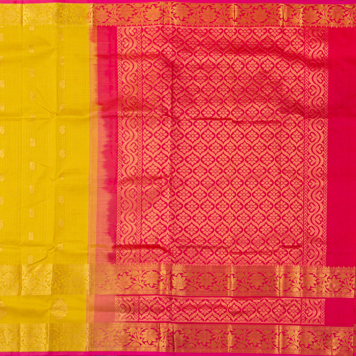 Yellow And Pink Kanchi Silk Cotton Saree With Zari Checks For Festive Wear VP SC 201