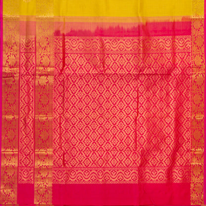 Yellow And Pink Kanchi Silk Cotton Saree With Zari Checks For Festive Wear VP SC 201