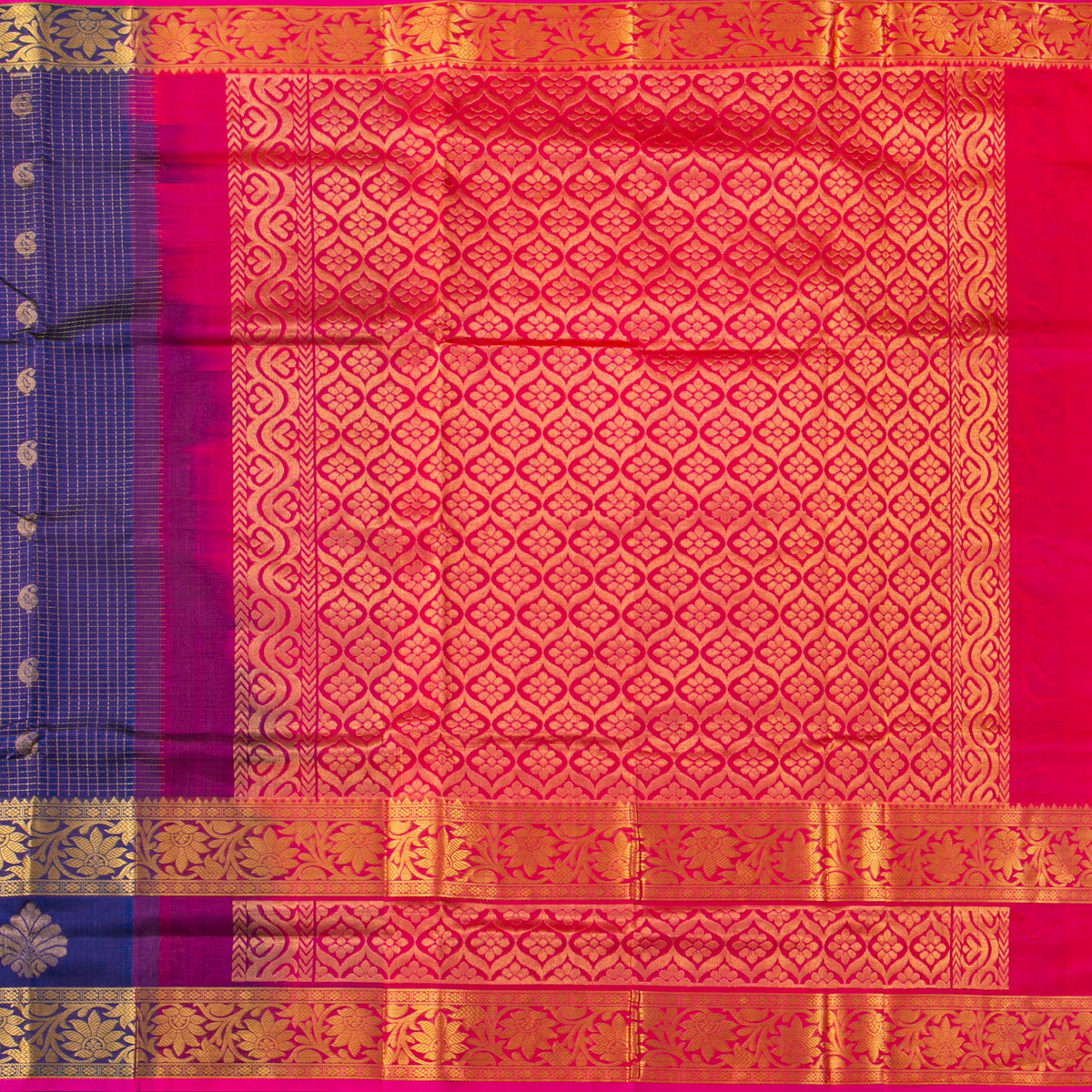 Royal Blue And Magenta Kanchi Silk Cotton Saree For Festive Wear VP SC 200
