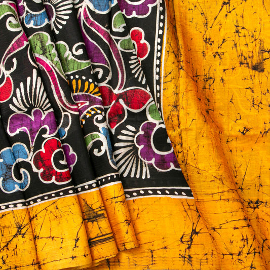 Black And Yellow Ochre Batik Silk Saree For Office Wear PB 343 - Batik Silk - Panjavarnam PB 343