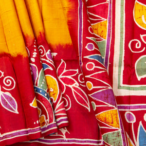 Yellow And Red Batik Silk Saree For Office Wear PB 349