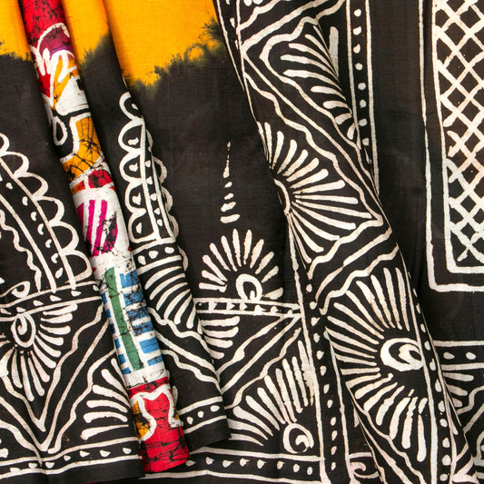 Yellow And Black Batik Silk Saree For Office Wear PB 348 - Batik Silk - Panjavarnam PB 348