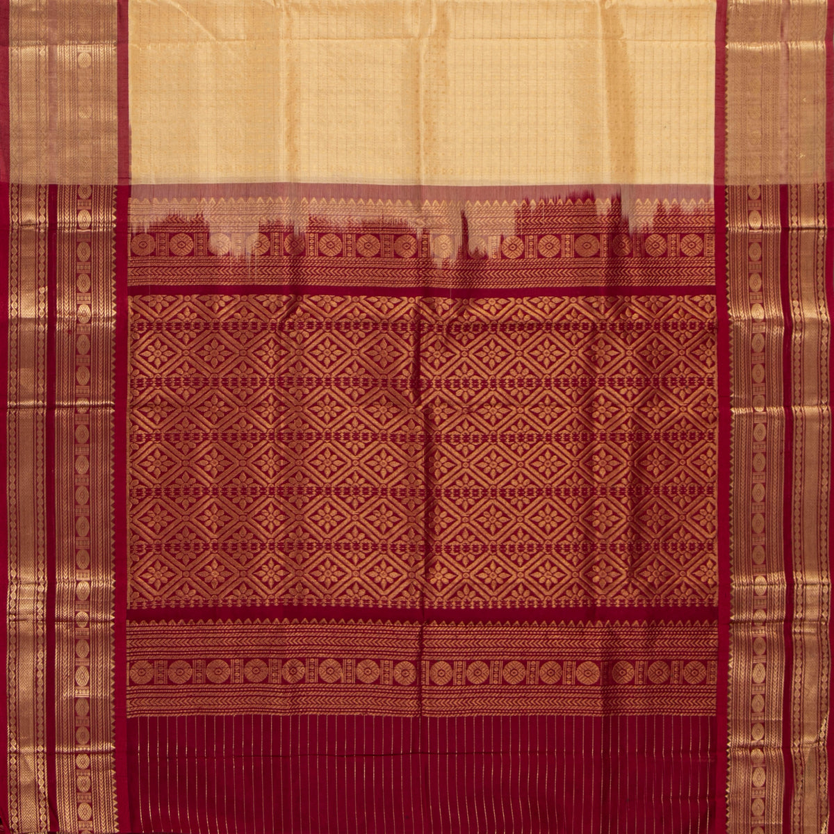 Beige And Maroon Kanchi Silk Cotton Saree For Festive Wear VP SC 256