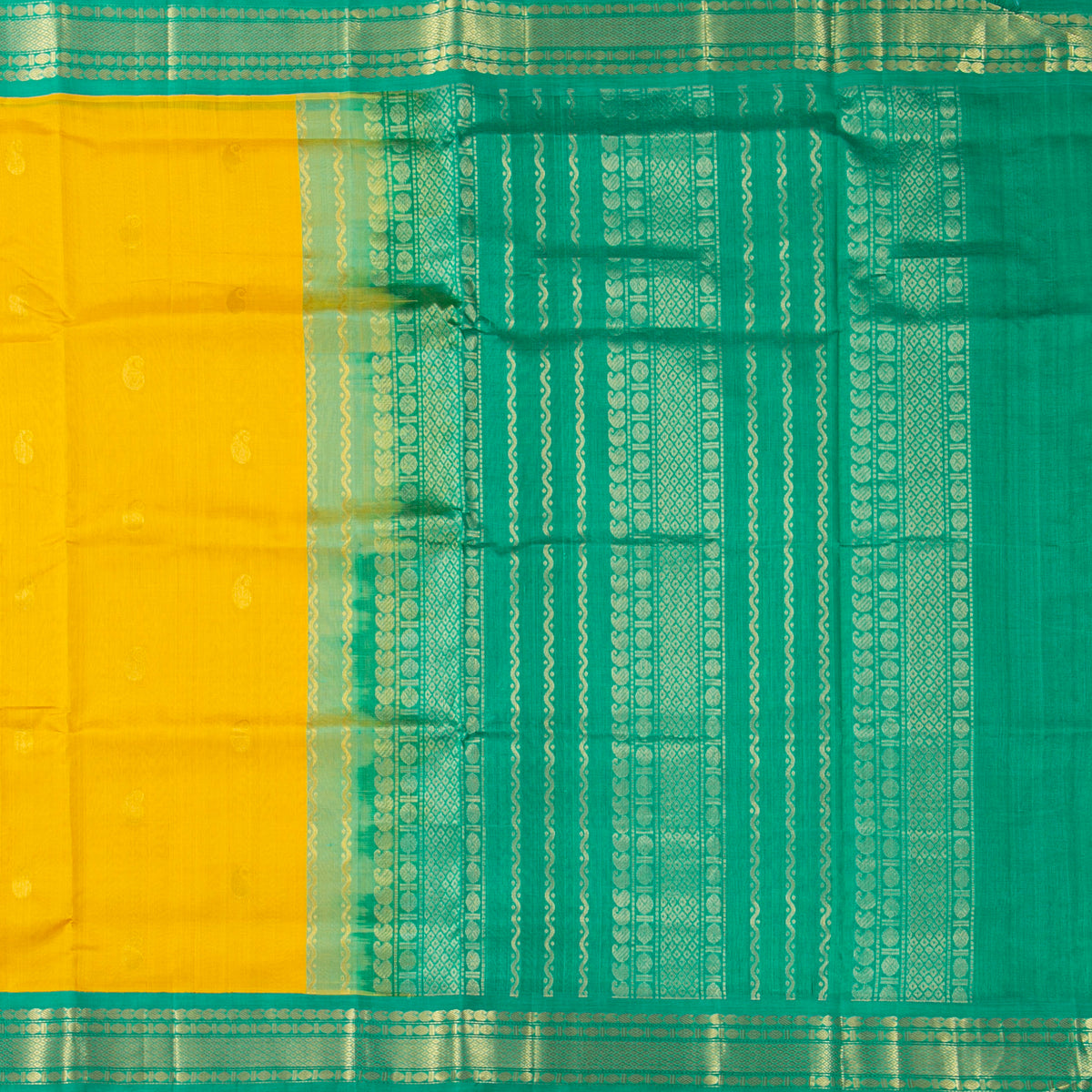 Yellow And Sea Green Kanchi Silk Cotton Saree For Festive Wear VP SC 193