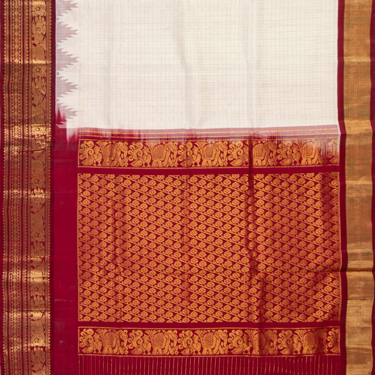 Off White And Maroon Kanchi Silk Cotton Saree For Festive Wear VP SC 204