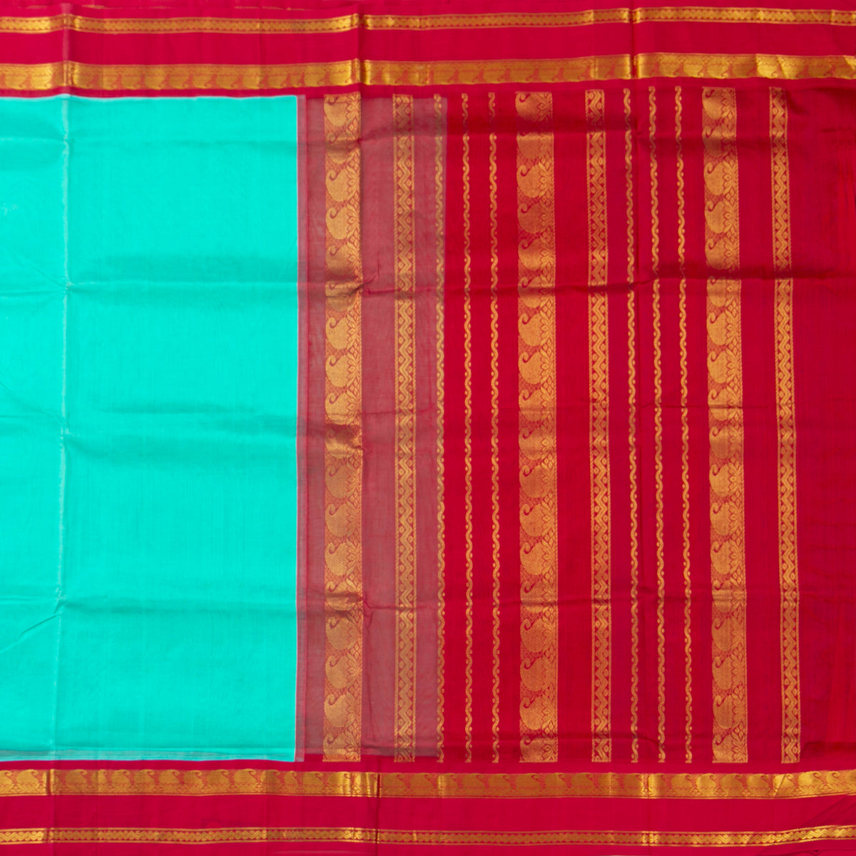 Turquoise Blue And Red Kanchi Silk Cotton Saree For Festive Wear VP SC 210