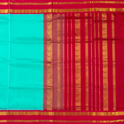 Turquoise Blue And Red Kanchi Silk Cotton Saree For Festive Wear VP SC 210