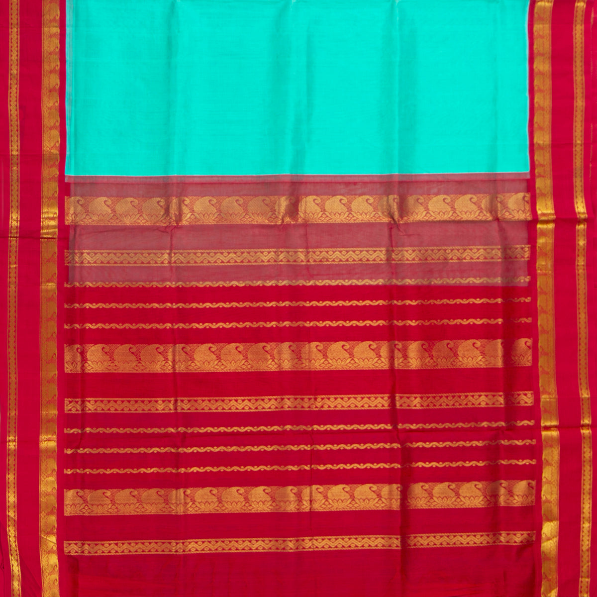 Turquoise Blue And Red Kanchi Silk Cotton Saree For Festive Wear VP SC 210