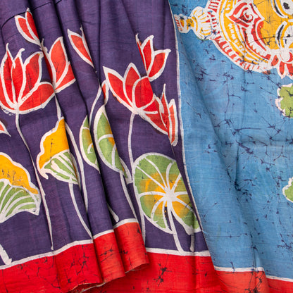 Purple And Red Lightweight Batik Silk Saree With Saraswati Themed Pallu For Office Wear PB 336