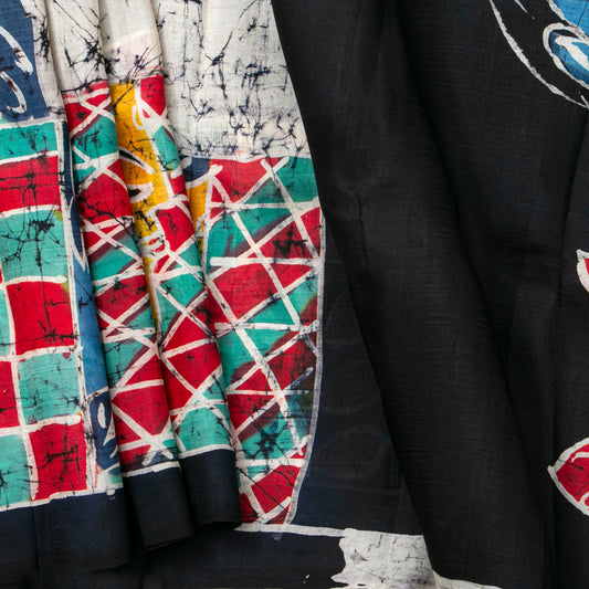 Off White And Black Batik Silk Saree Borderless And Lightweight For Office Wear PB 335 - Batik Silk - Panjavarnam PB 335