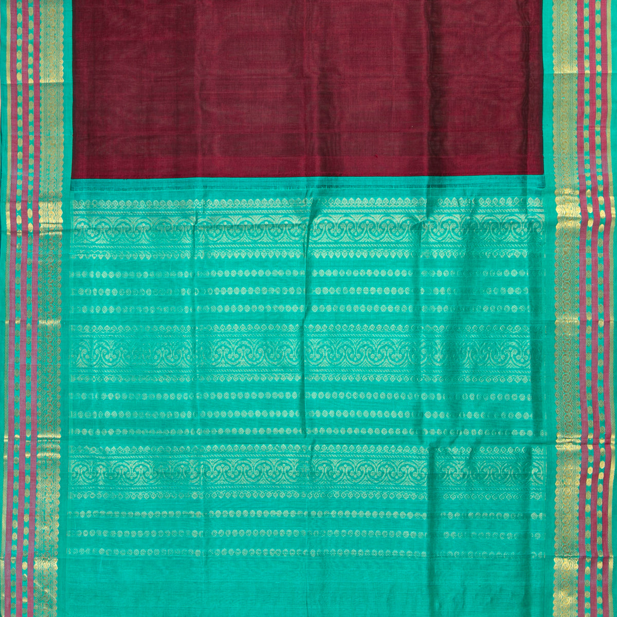 Maroon And Sea Green Kanchi Silk Cotton Saree For Festive Wear VP SC 209
