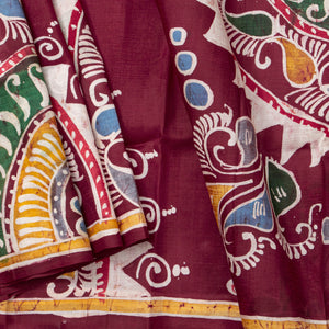 Burgundy Batik Silk Saree With Multicolour Designs For Office Wear PB 342