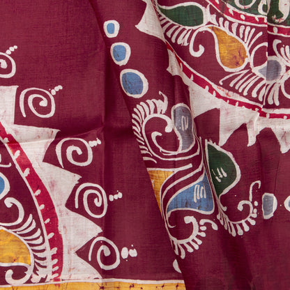Burgundy Batik Silk Saree With Multicolour Designs For Office Wear PB 342