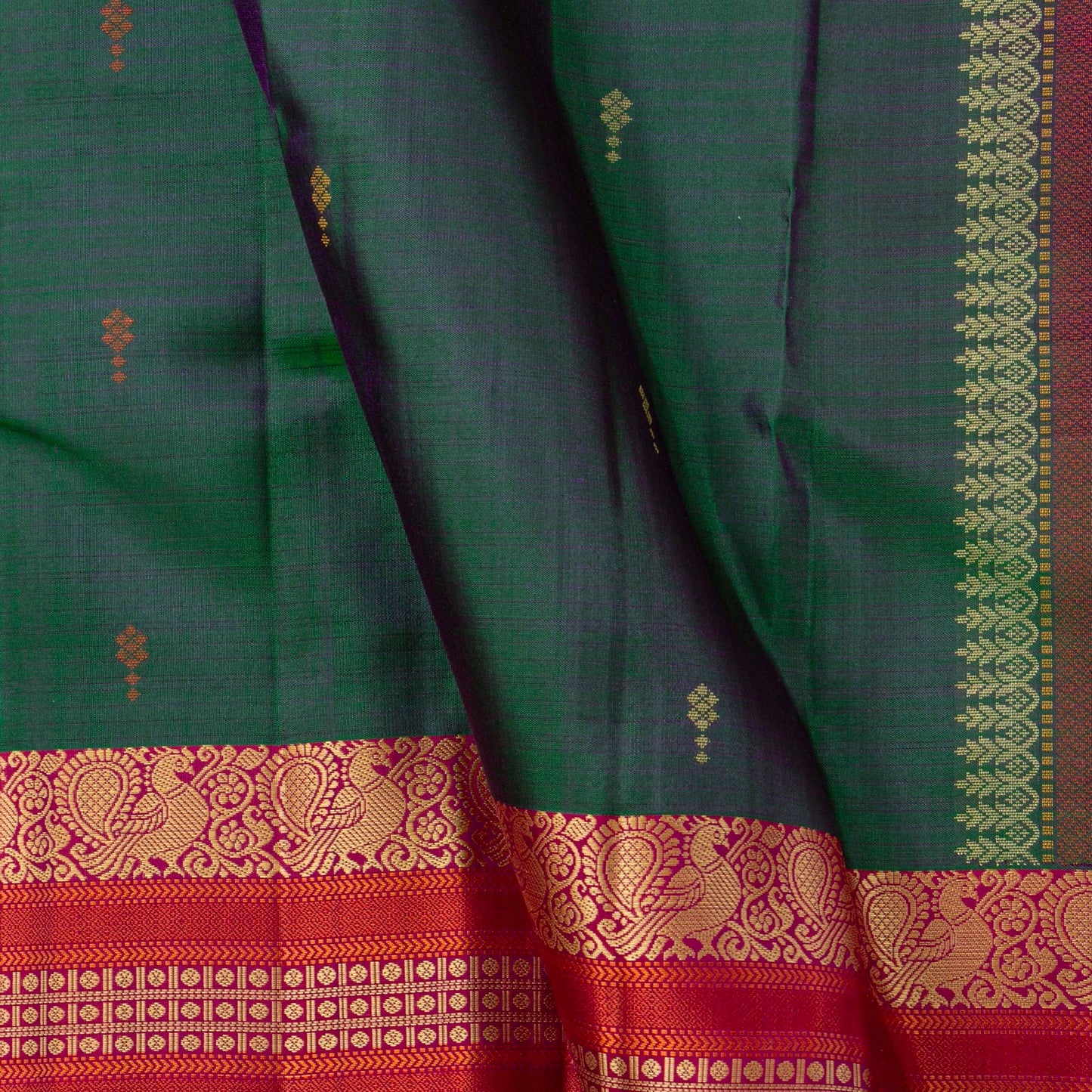 Green And Pink Kanchipuram Silk Saree No Zari For Festive Wear PV RSP 150