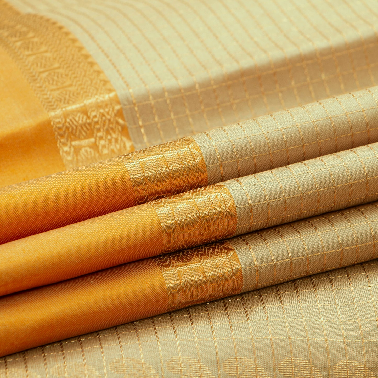 Beige And Yellow Kanchipuram Silk Saree WithZari CheckdsFor Festive Wear PV RSP 247