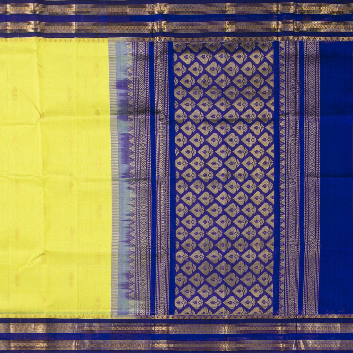 Lemon Yellow And Royal Blue Kanchi Silk Cotton Saree For Festive Wear VP SC 198