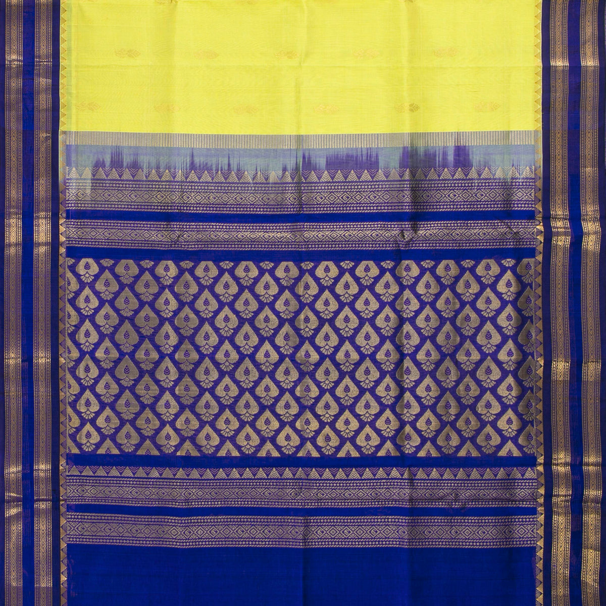 Lemon Yellow And Royal Blue Kanchi Silk Cotton Saree For Festive Wear VP SC 198
