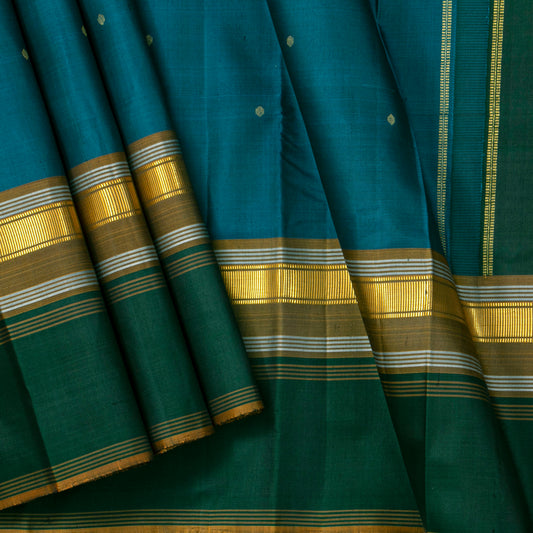Teal Kanchipuram Silk Saree With A Green Border For Festive Wear PV ABI 50986