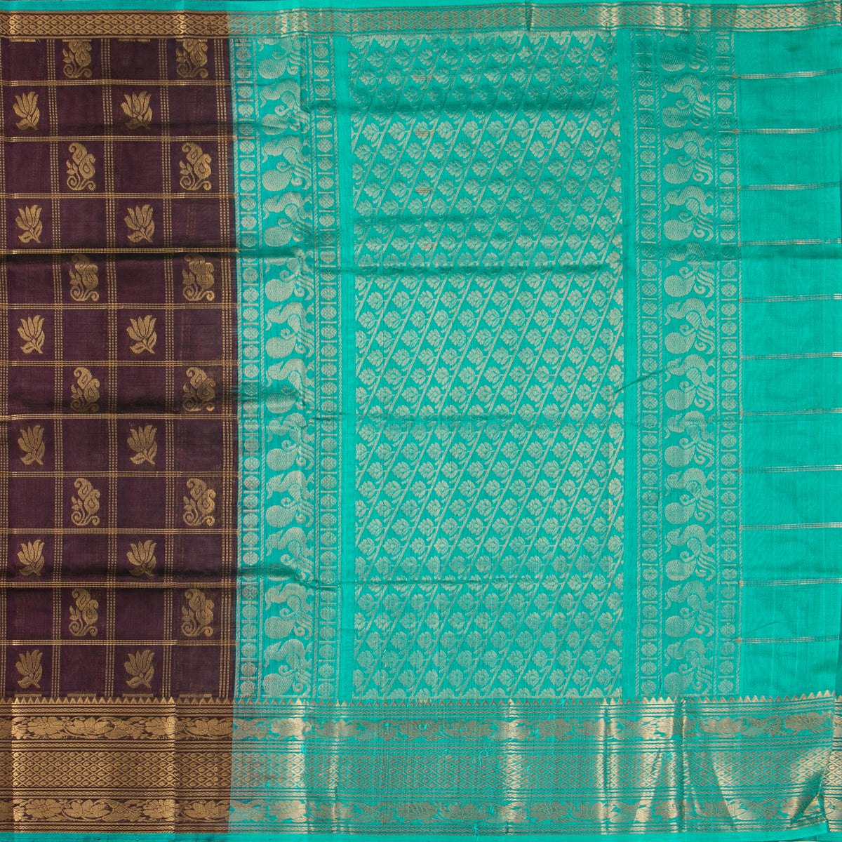 Brown And Turquoise Blue Kanchi Silk Cotton Saree For Festive Wear VP SC 241