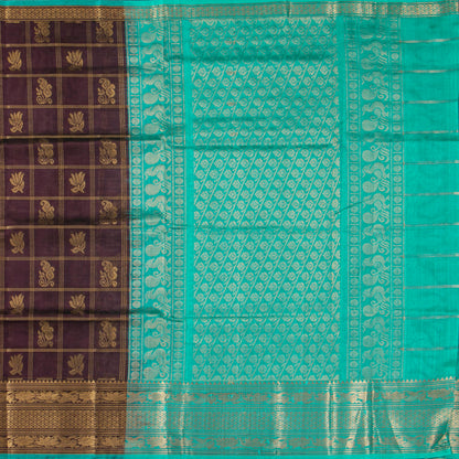 Brown And Turquoise Blue Kanchi Silk Cotton Saree For Festive Wear VP SC 241