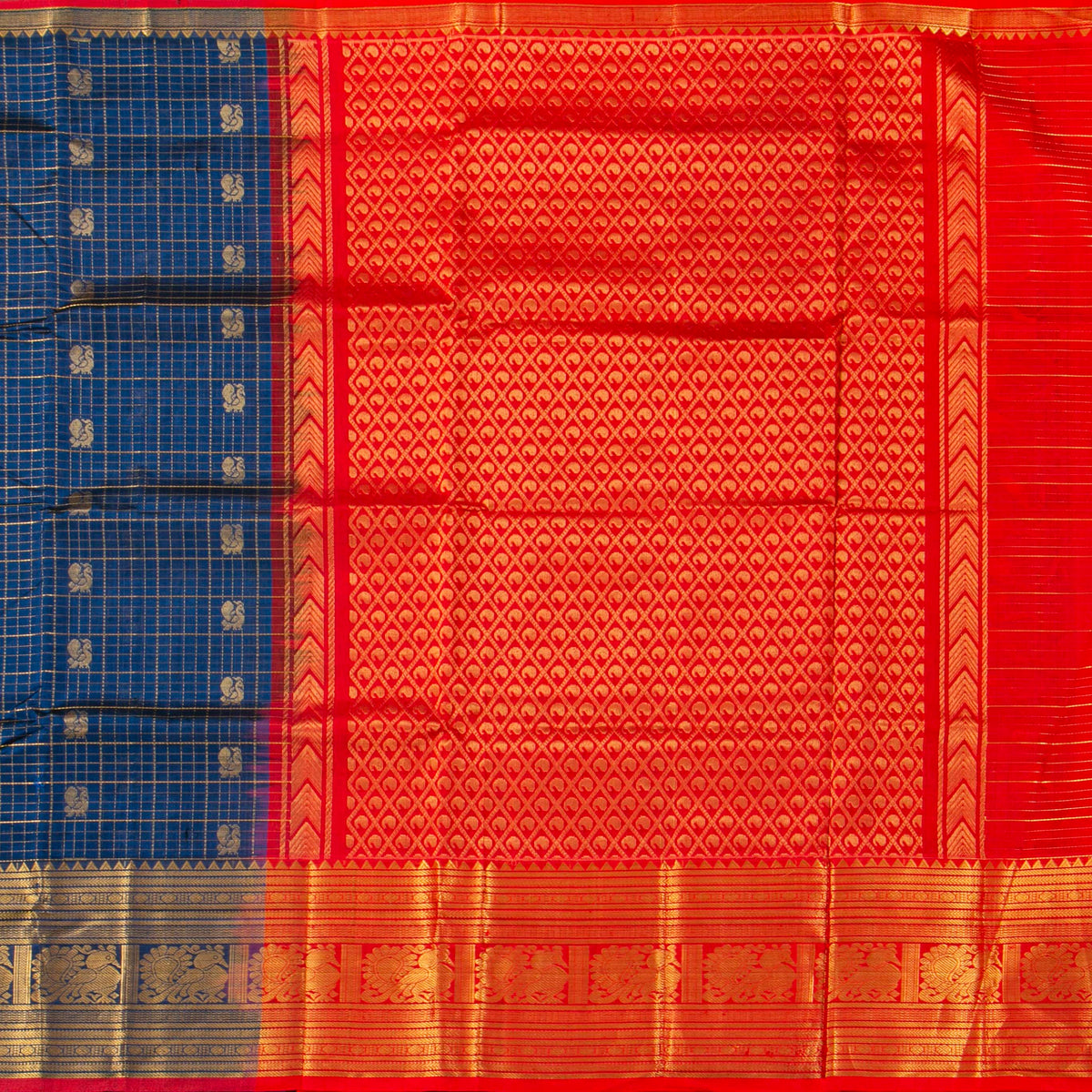 Blue And Red Kanchi Silk Cotton Saree For Festive Wear VP SC 240