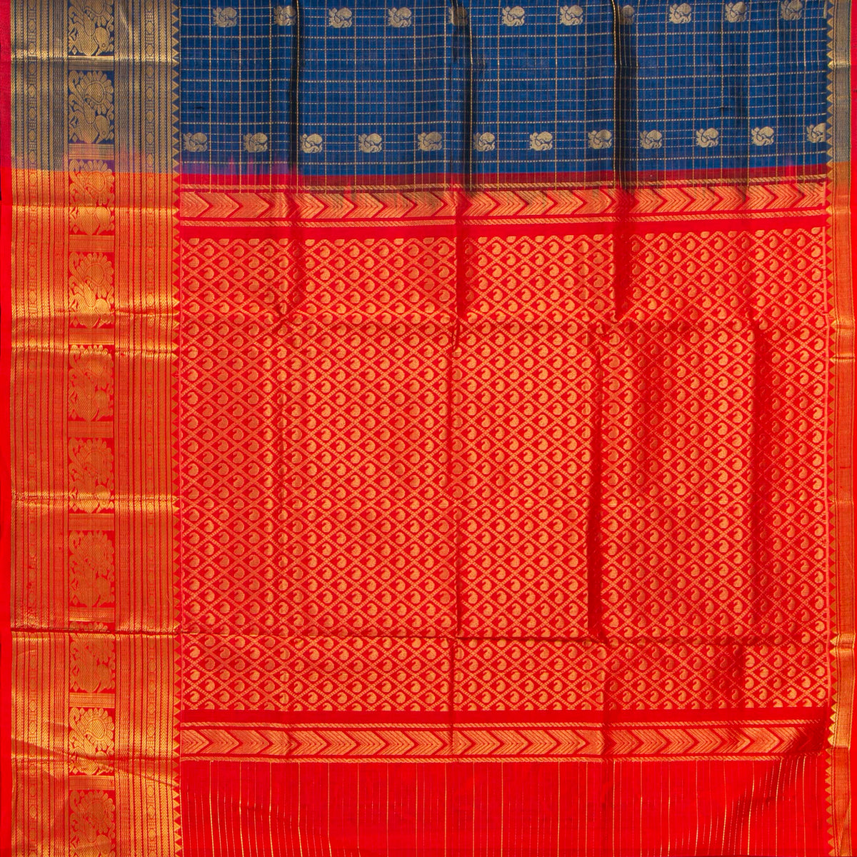 Blue And Red Kanchi Silk Cotton Saree For Festive Wear VP SC 240