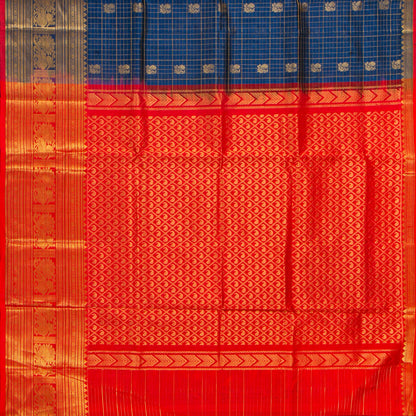 Blue And Red Kanchi Silk Cotton Saree For Festive Wear VP SC 240