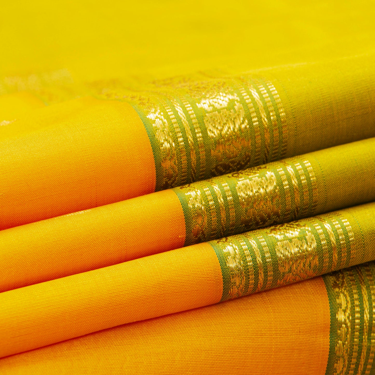 Green, Yellow And Turmeric Mubbagam Kanchipuram Silk Saree For Festive Wear PV ABI 445