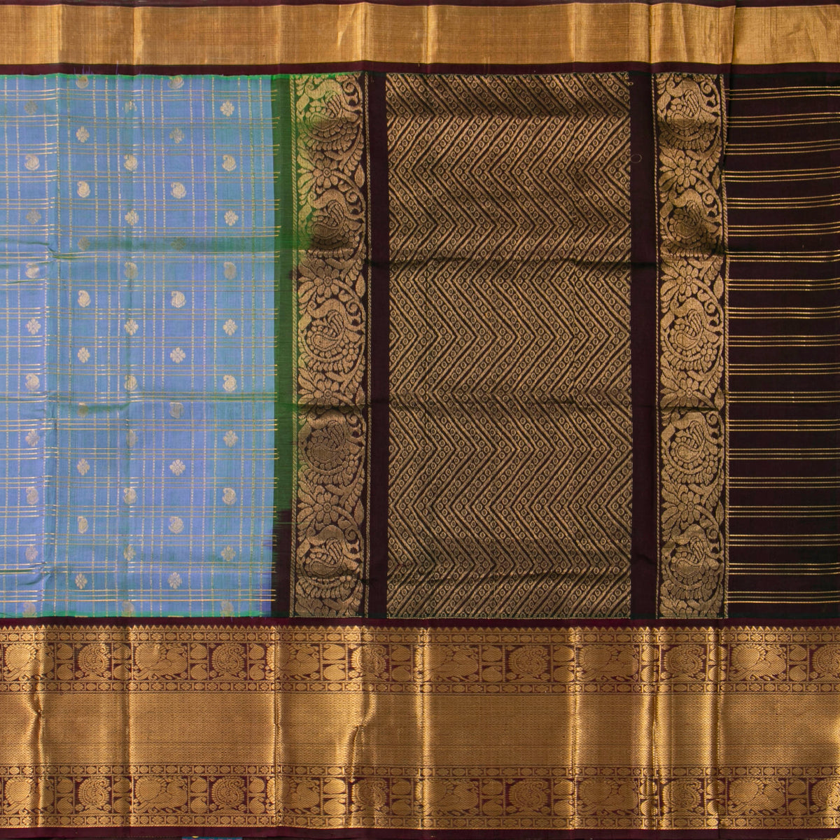 Blue And Brown Kanchi Silk Cotton Saree For Festive Wear VP SC 244