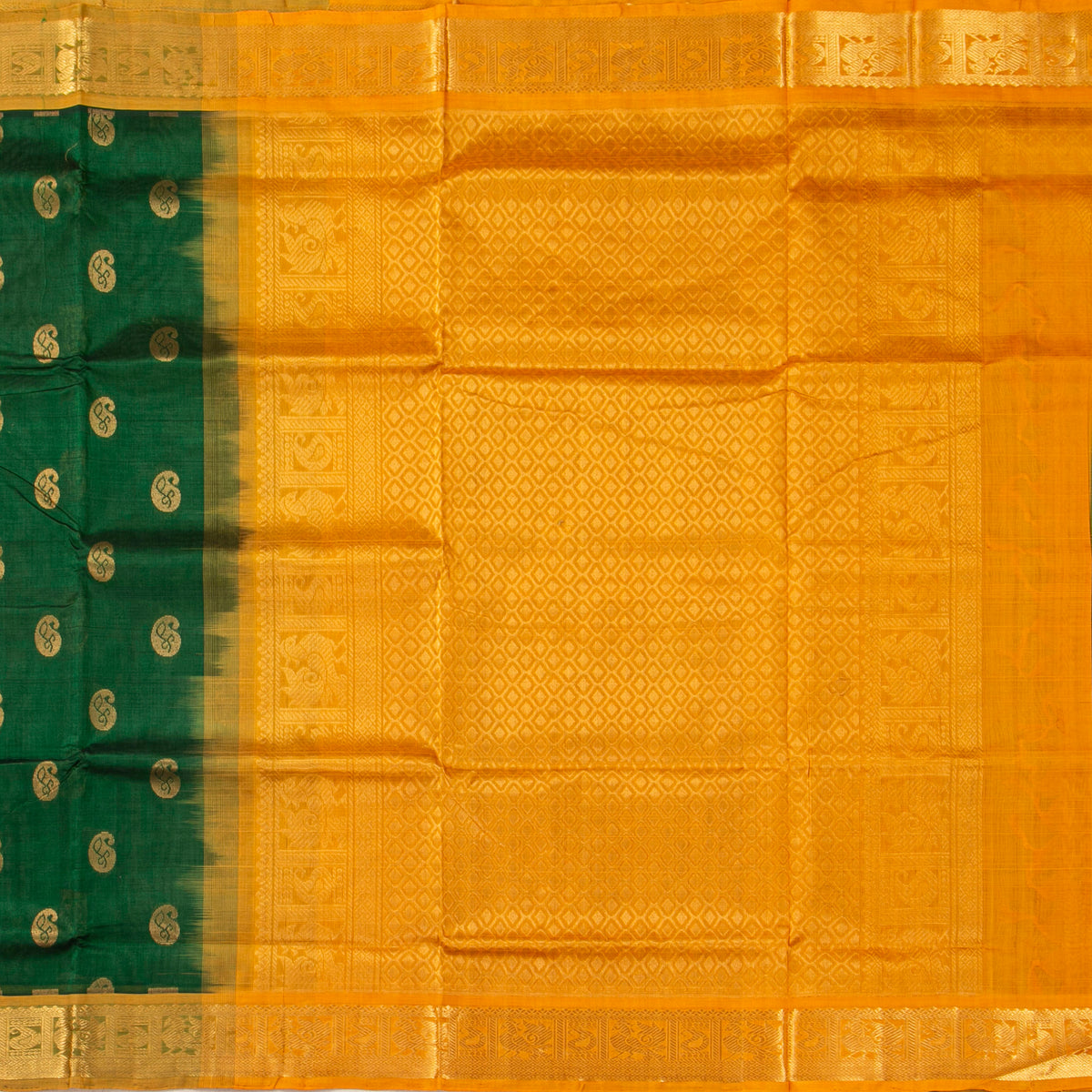 Green And Mustard Kanchi Silk Cotton Saree For Festive Wear VP SC 213