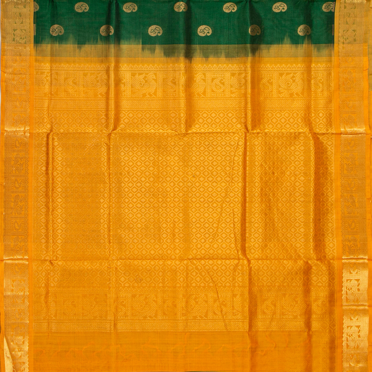 Green And Mustard Kanchi Silk Cotton Saree For Festive Wear VP SC 213