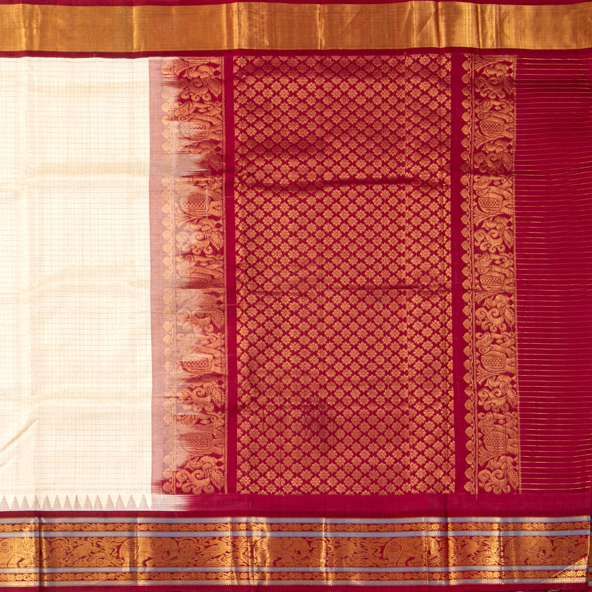 Off White And Maroon Kanchi Silk Cotton Saree For Festive Wear VP SC 202