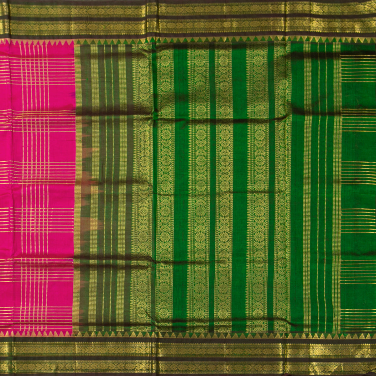 Pink And Green Kanchi Silk Cotton Saree For Festive Wear VP SC 234