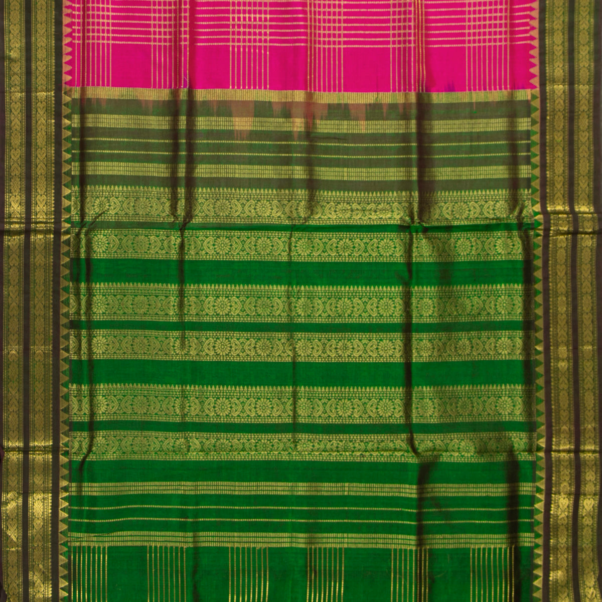 Pink And Green Kanchi Silk Cotton Saree For Festive Wear VP SC 234