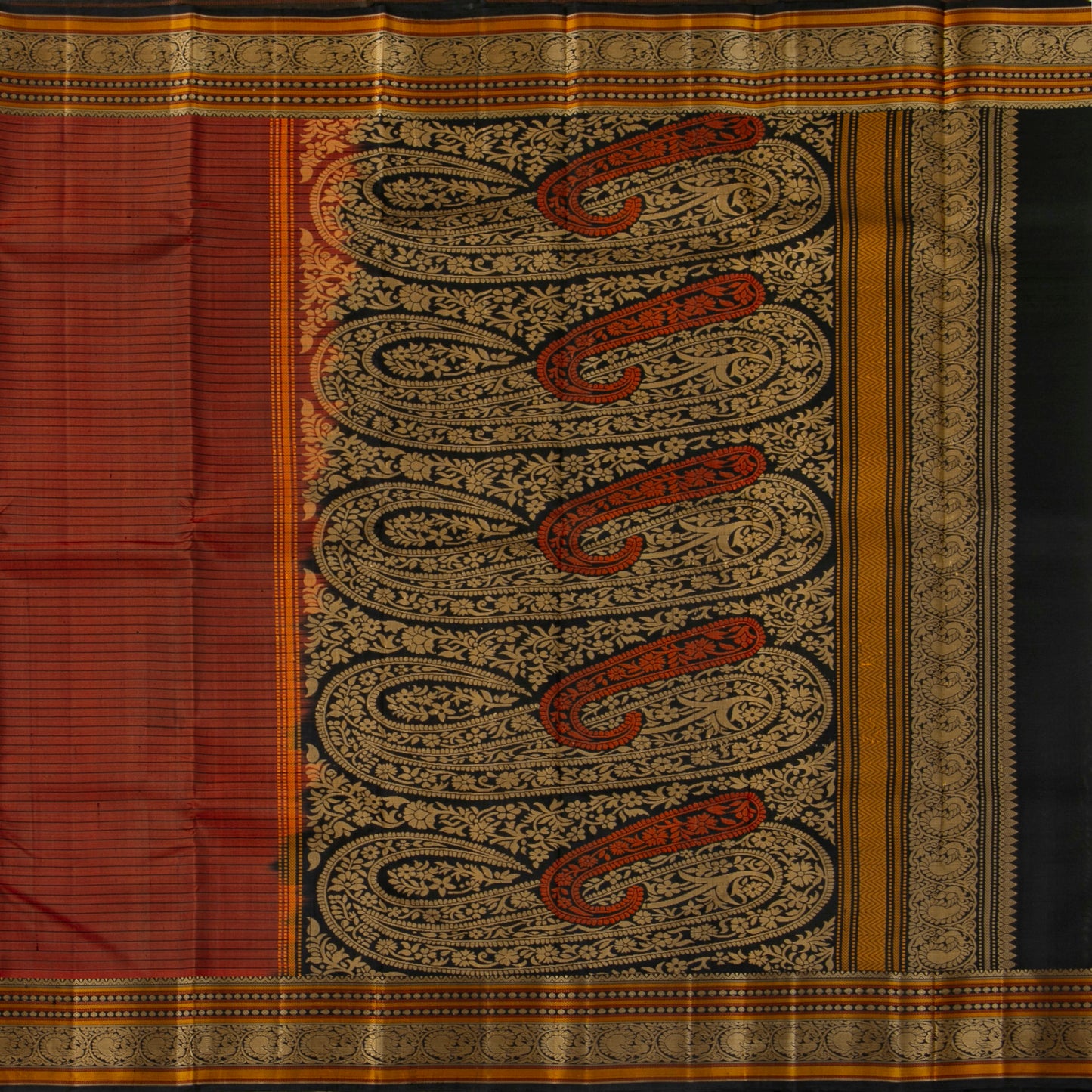 Rust And Black Kanchipuram Silk Saree No Zari For Festive Wear PV RSP 159