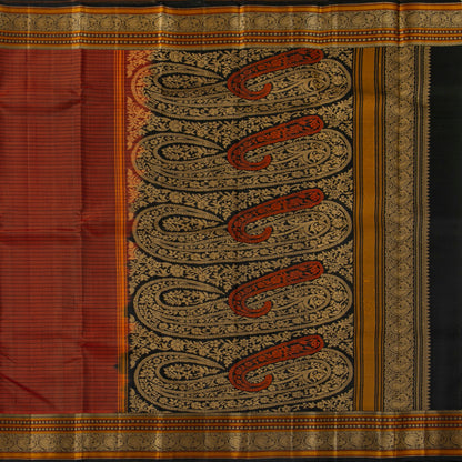 Rust And Black Kanchipuram Silk Saree No Zari For Festive Wear PV RSP 159