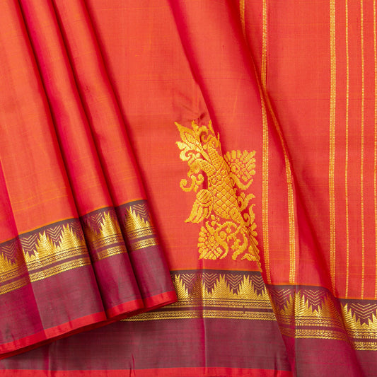 Orange Kanchipuram Silk Saree With Corner Ganda Berunda Motif For Festive Wear PV ABI 453