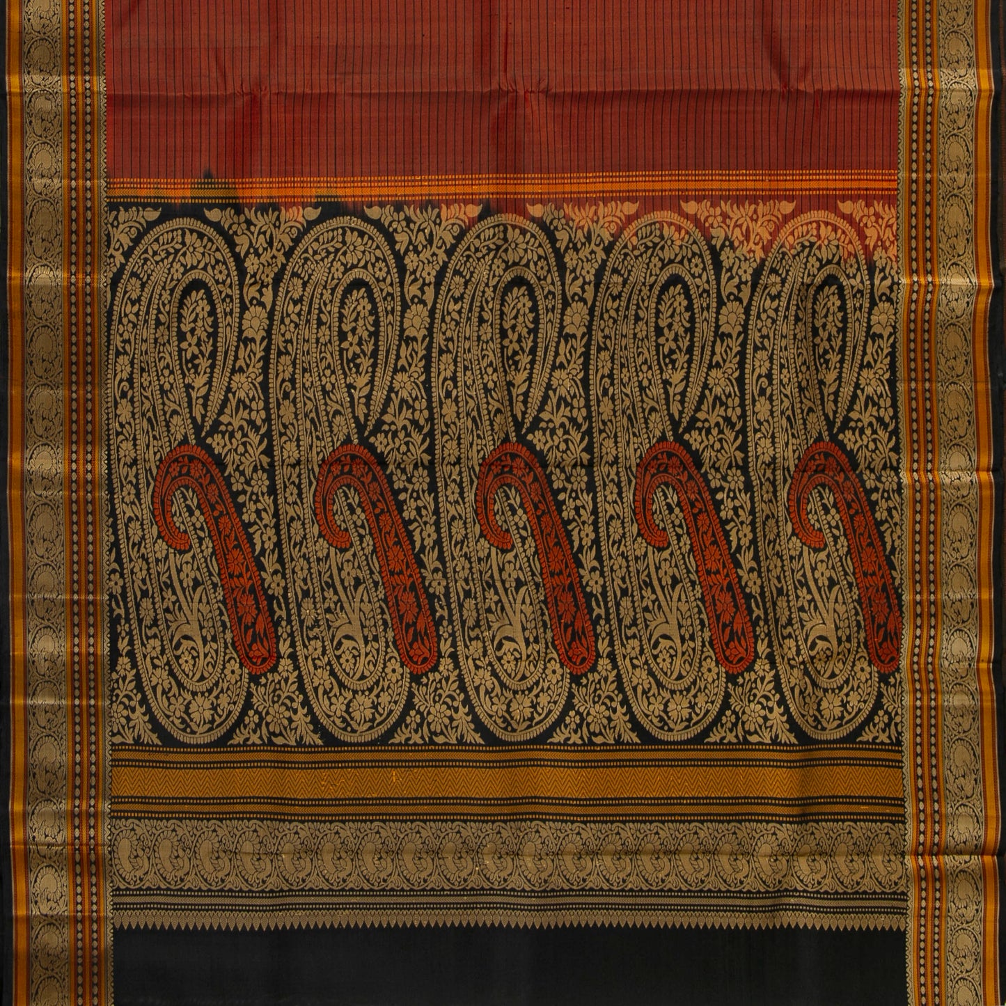Rust And Black Kanchipuram Silk Saree No Zari For Festive Wear PV RSP 159