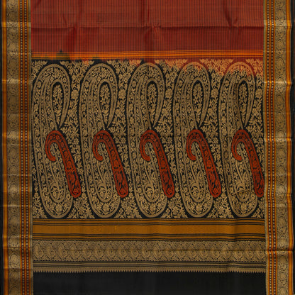 Rust And Black Kanchipuram Silk Saree No Zari For Festive Wear PV RSP 159