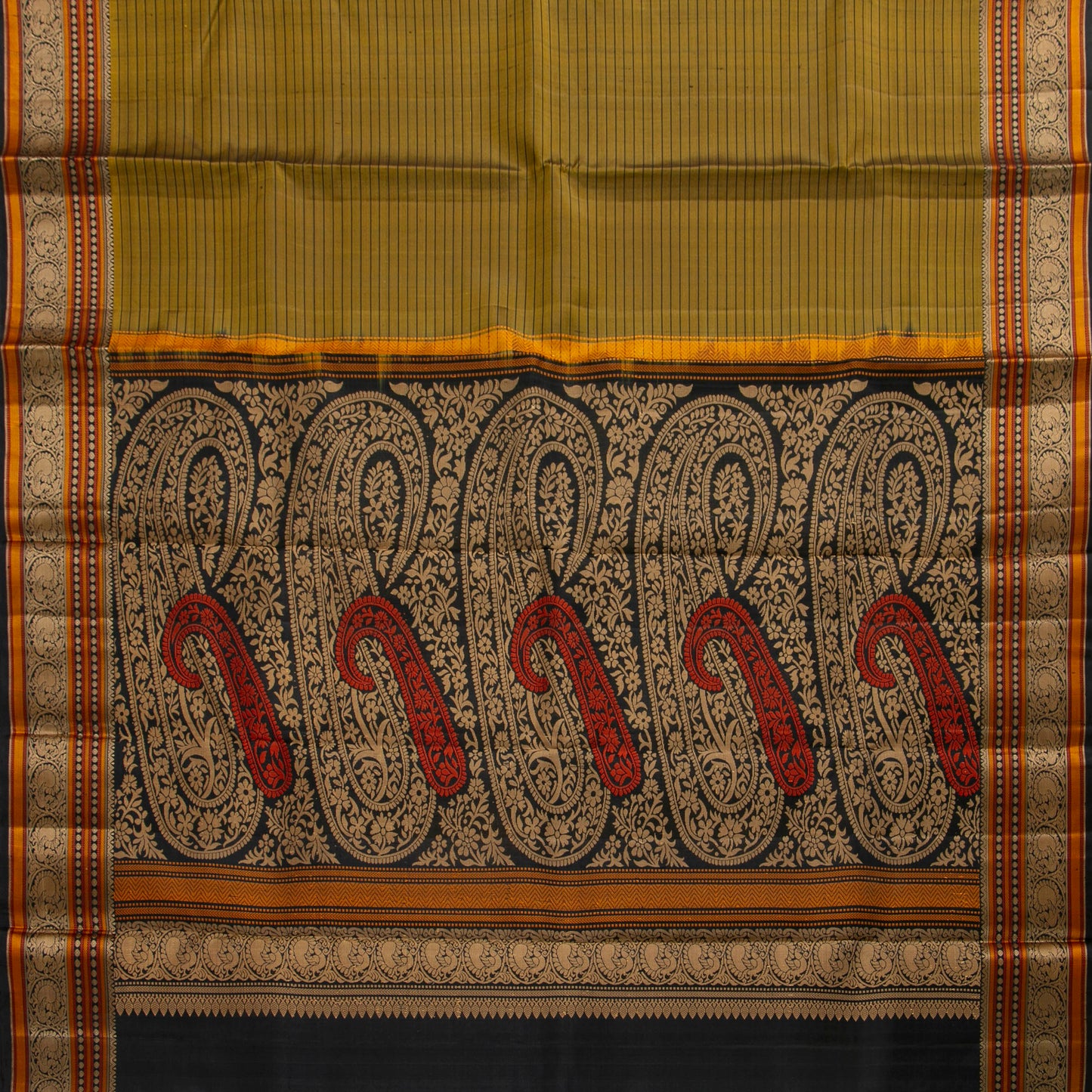 Mustard And Black Kanchipuram Silk Saree No Zari For Festive Wear PV RSP 158