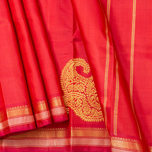 Red Kanchipuram Silk Saree With A Paisley Corner For Festive Wear PV ABI 452