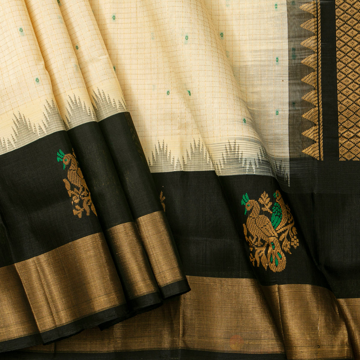 Off White And Black Kanchi Silk Cotton Saree For Festive Wear VP SC 296