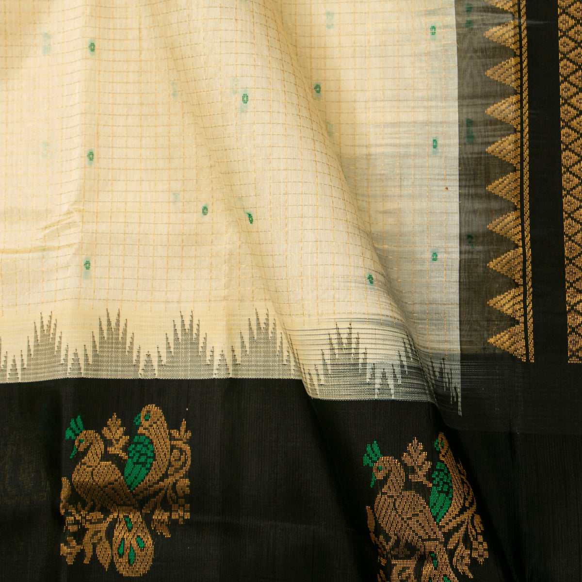 Off White And Black Kanchi Silk Cotton Saree For Festive Wear VP SC 296