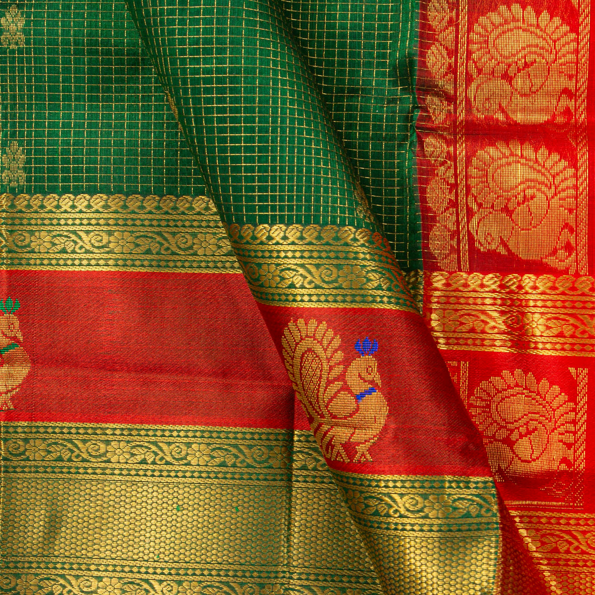 Green And Red Kanchi Silk Cotton Saree For Festive Wear VP SC 293