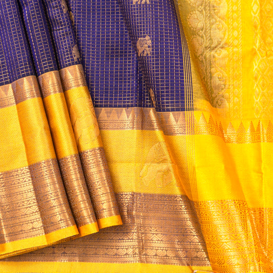 Blue And Yellow Kanchi Silk Cotton Saree For Festive Wear VP SC 294